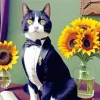 Black Tie Cat With Sunflowers Diamond Painting