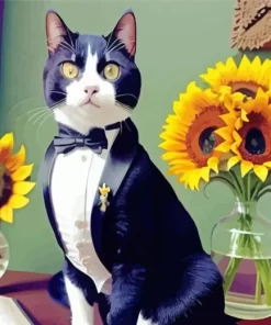 Black Tie Cat With Sunflowers Diamond Painting