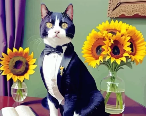 Black Tie Cat With Sunflowers Diamond Painting