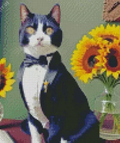 Black Tie Cat With Sunflowers Diamond Painting