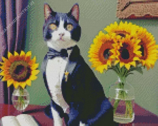 Black Tie Cat With Sunflowers Diamond Painting