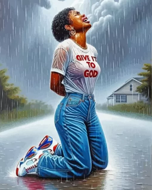 Black Woman Crying Under Rain Diamond Painting