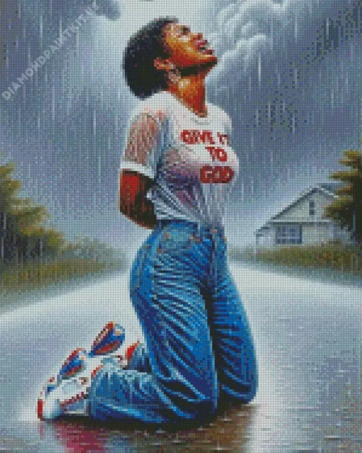 Black Woman Crying Under Rain Diamond Painting