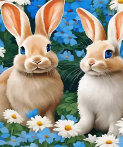 Blonde Bunnies And Flowers Diamond Painting