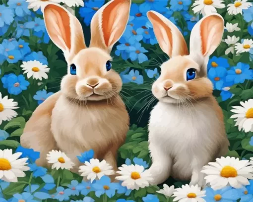 Blonde Bunnies And Flowers Diamond Painting