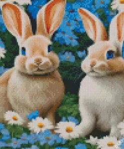 Blonde Bunnies And Flowers Diamond Painting