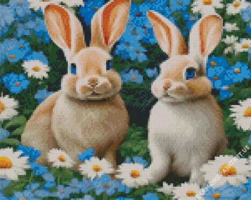 Blonde Bunnies And Flowers Diamond Painting