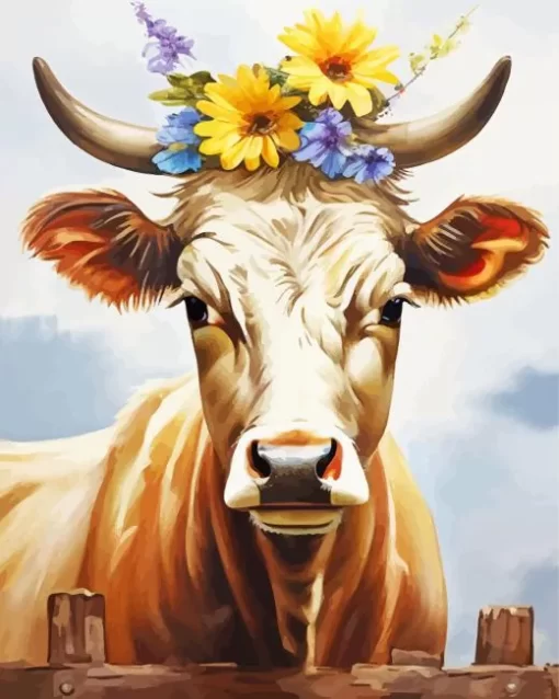 Blonde Cow With Flowers Diamond Painting