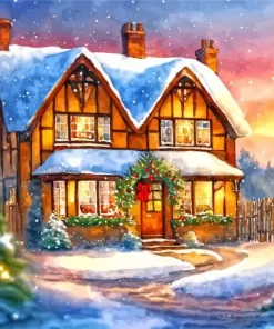 Christmas Farmhouse In The Snow Diamond Painting