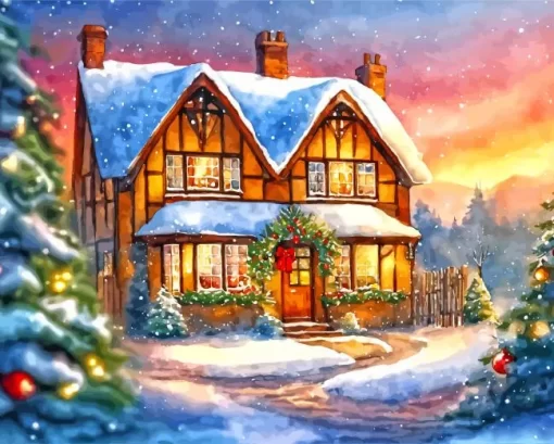 Christmas Farmhouse In The Snow Diamond Painting