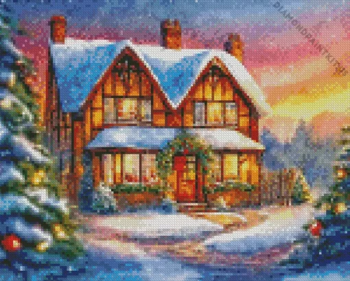 Christmas Farmhouse In The Snow Diamond Painting