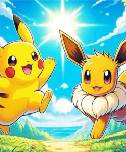 Excited Pikachu And Eevee Anime Diamond Painting