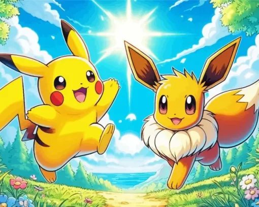 Excited Pikachu And Eevee Anime Diamond Painting