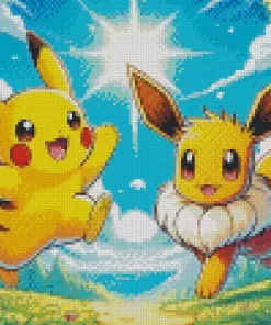 Excited Pikachu And Eevee Anime Diamond Painting