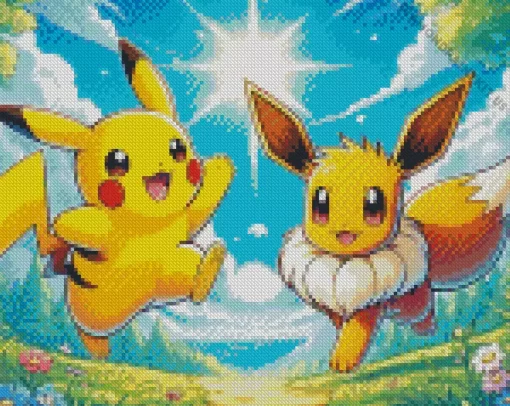 Excited Pikachu And Eevee Anime Diamond Painting