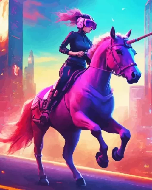 Girl Riding Pink Unicorn Diamond Painting