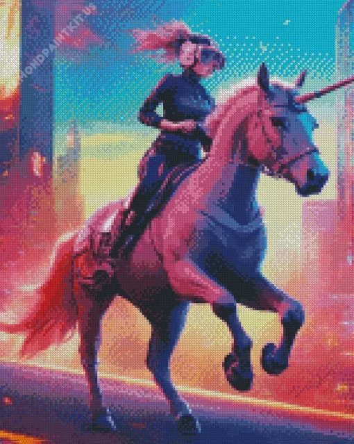 Girl Riding Pink Unicorn Diamond Painting