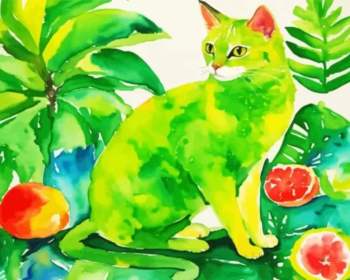 Green Cat And Fruit Diamond Painting