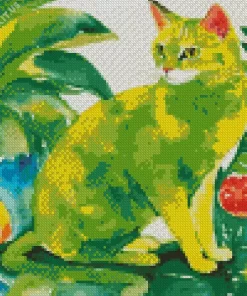 Green Cat And Fruit Diamond Painting