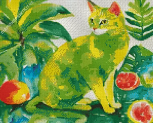 Green Cat And Fruit Diamond Painting