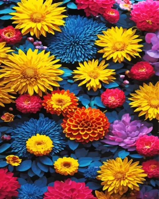 Pink Blue And Yellow Flowers Diamond Painting