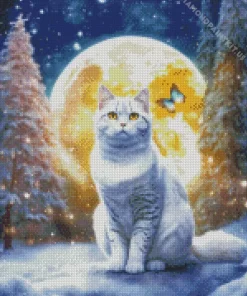 White Cat And Full Moon Diamond Painting