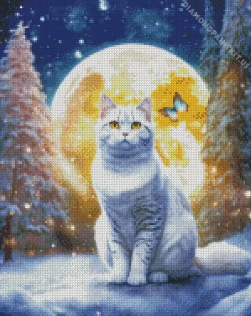 White Cat And Full Moon Diamond Painting