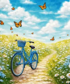 Blue Bike And Butterflies Diamond Painting