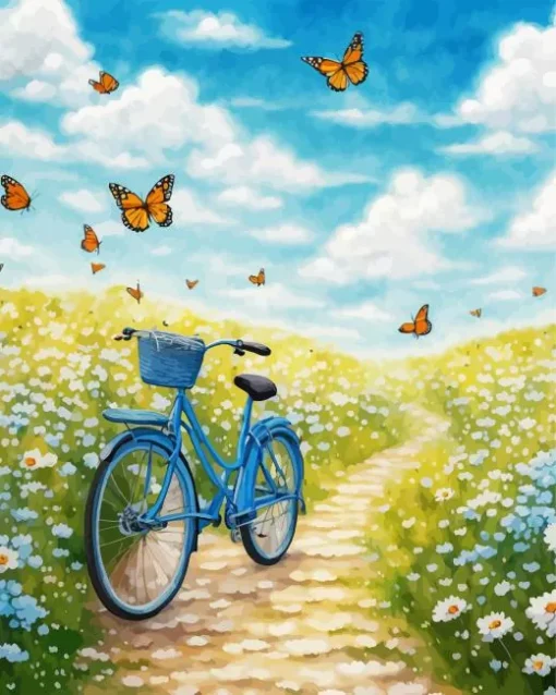 Blue Bike And Butterflies Diamond Painting