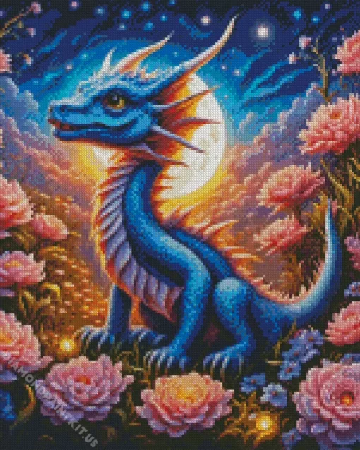 Blue Dragon And Flowers Diamond Painting