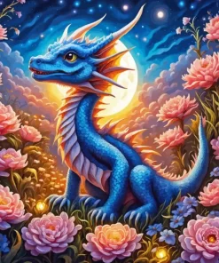 Blue Dragon And Flowers Diamond Painting