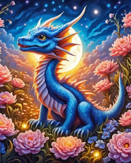 Blue Dragon And Flowers Diamond Painting