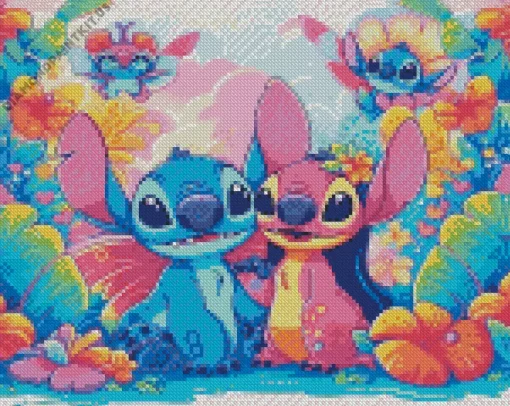 Disney Blue And Pink Stitch Diamond Painting