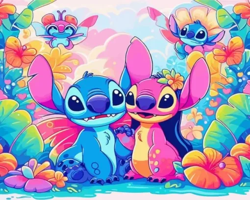 Disney Blue And Pink Stitch Diamond Painting