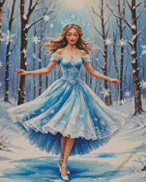 Girl Wearing Blue Dress In Snow Diamond Painting