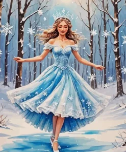 Girl Wearing Blue Dress In Snow Diamond Painting