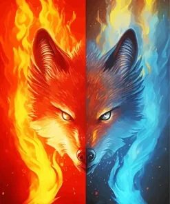 Half Blue And Red Fire Wolf Diamond Painting