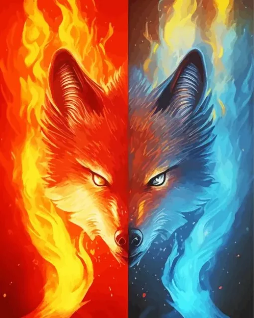 Half Blue And Red Fire Wolf Diamond Painting