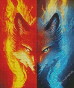 Half Blue And Red Fire Wolf Diamond Painting