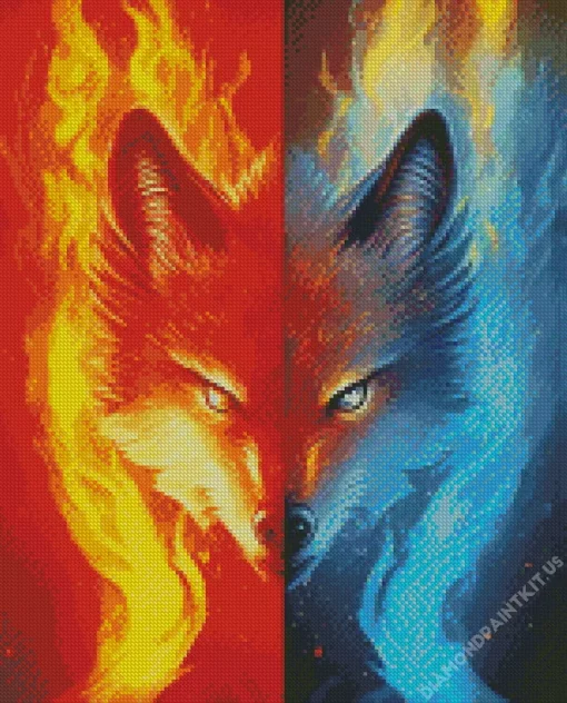 Half Blue And Red Fire Wolf Diamond Painting