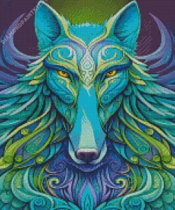 Illustration Blue And Green Wolf Diamond Painting