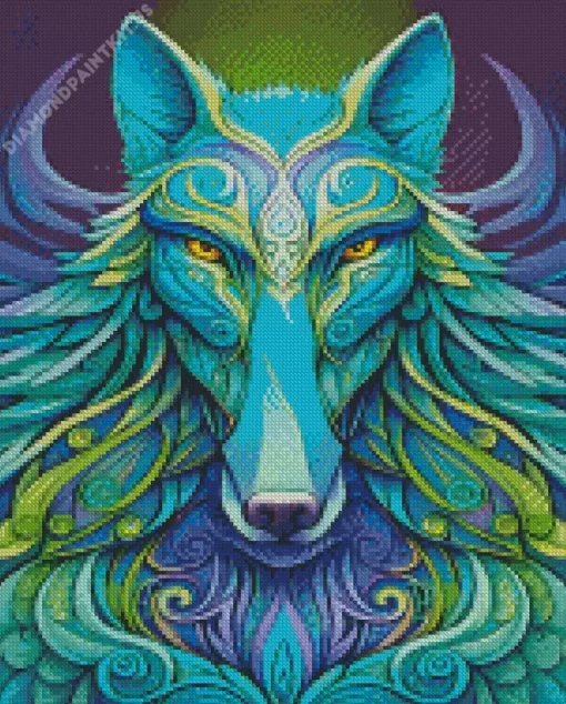 Illustration Blue And Green Wolf Diamond Painting