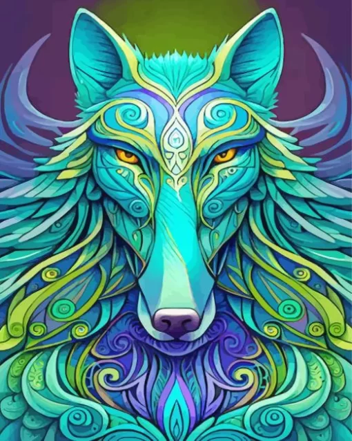 Illustration Blue And Green Wolf Diamond Painting