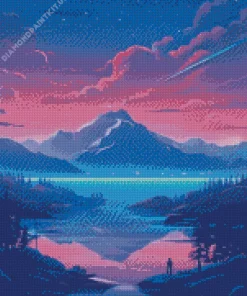 Illustration Blue And Pink Sunset Diamond Painting