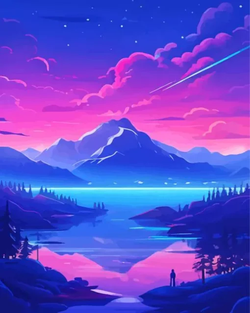 Illustration Blue And Pink Sunset Diamond Painting