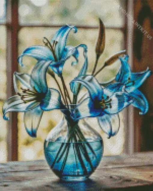 Lilies In Blue Glass Vase Diamond Painting