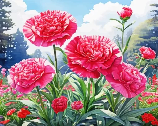 Pink Blooming Carnation Flowers Diamond Painting