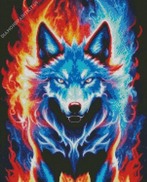 Blue And Red Fire Wolf Diamond Painting