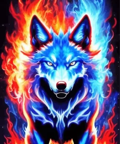 Blue And Red Fire Wolf Diamond Painting