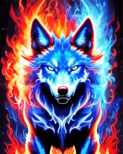 Blue And Red Fire Wolf Diamond Painting